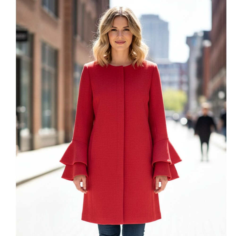 EMERSON ROSE Ruffle Sleeve Long Jacket, Red, Womens Size Large - Picture 2 of 9